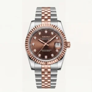 seiko two tone rose gold watch fluted bezel brown sunburst dial diamond hour markers stainless steel jubilee bracelet – men